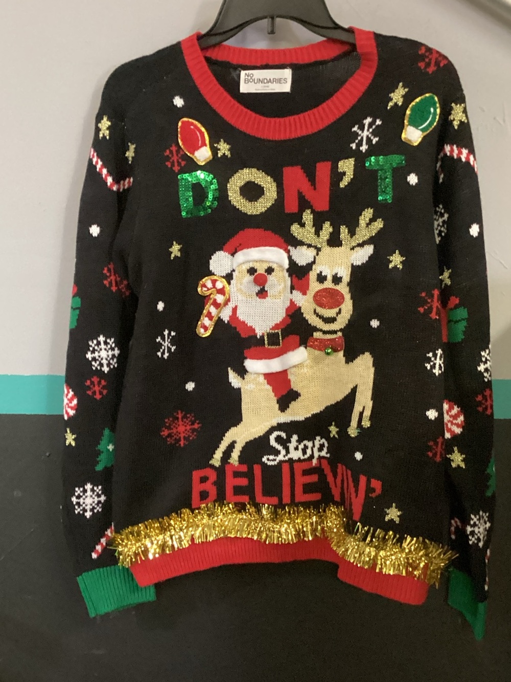 No Boundaries Black Holiday Crewneck Sweater with Red, Green and Gold Accents
